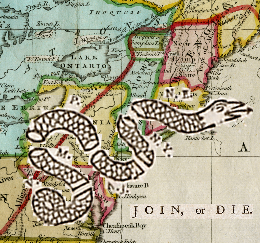 1755 Map of North America with superimposed "Join or Die"